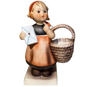 Vintage Hummel Figurine: Girl with Letter & Basket, TMK-5 German Porcelain